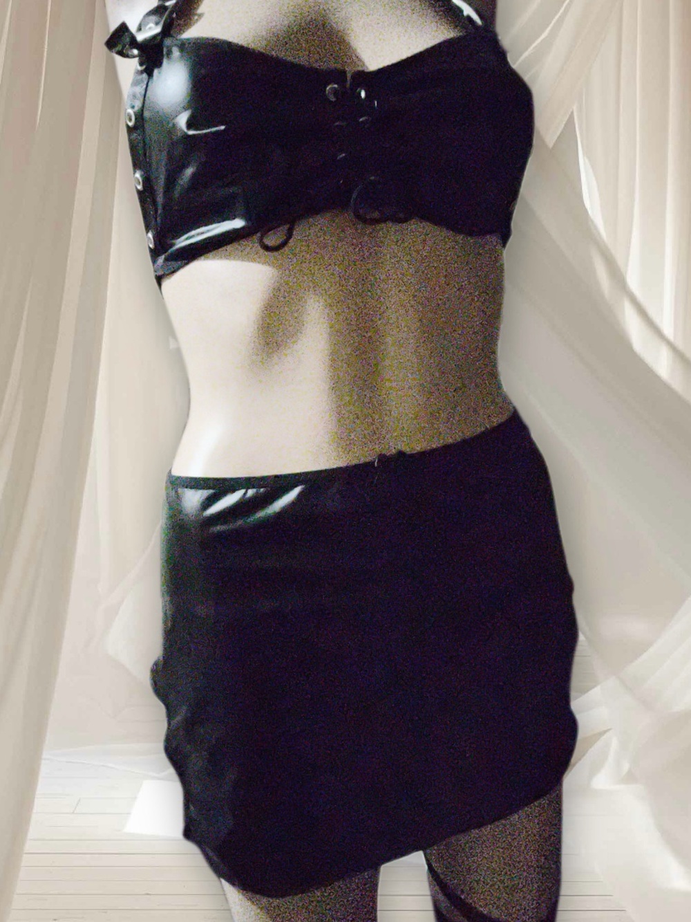 Source Unknown Black Faux Leather Skirt Set